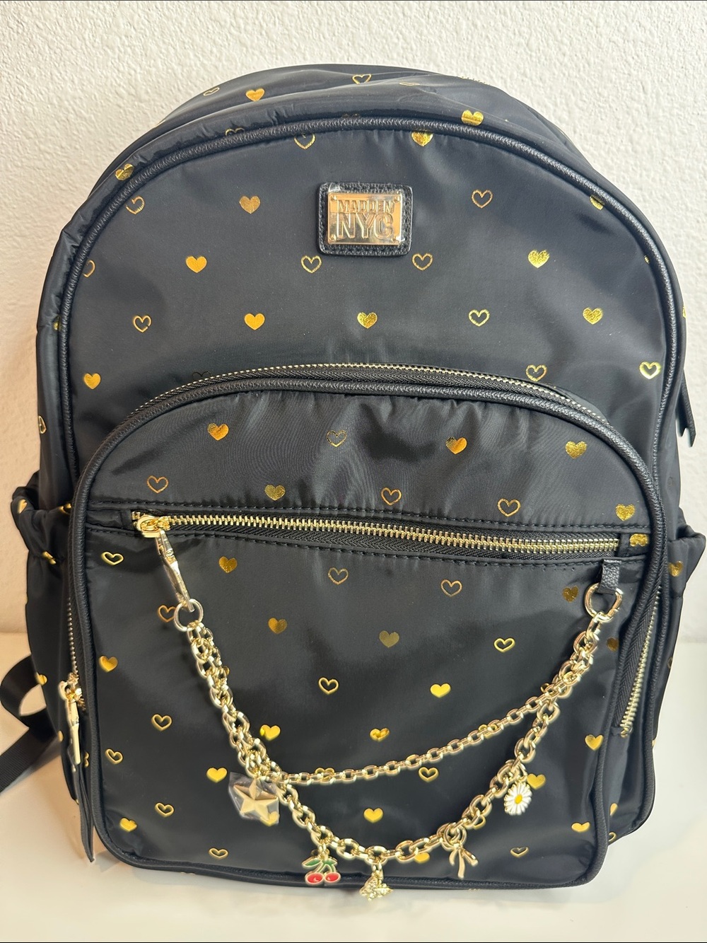Madden NYC Black & Gold Heart Charm Backpack